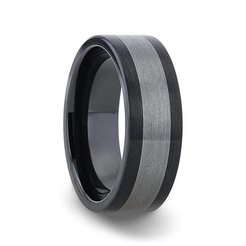 Simple Silver Wedding Band with Custom Message-Thorsten ENDAST Ceramic Inlay Black Tungsten Wedding Band With Flat Brushed Edges - 8mm