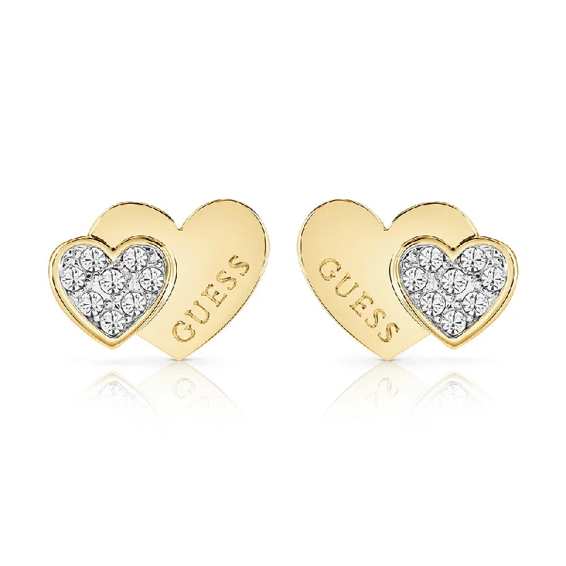 Handmade Gemstone Earrings-Guess Yellow Gold Plated Double Heart Pave Stud Earrings