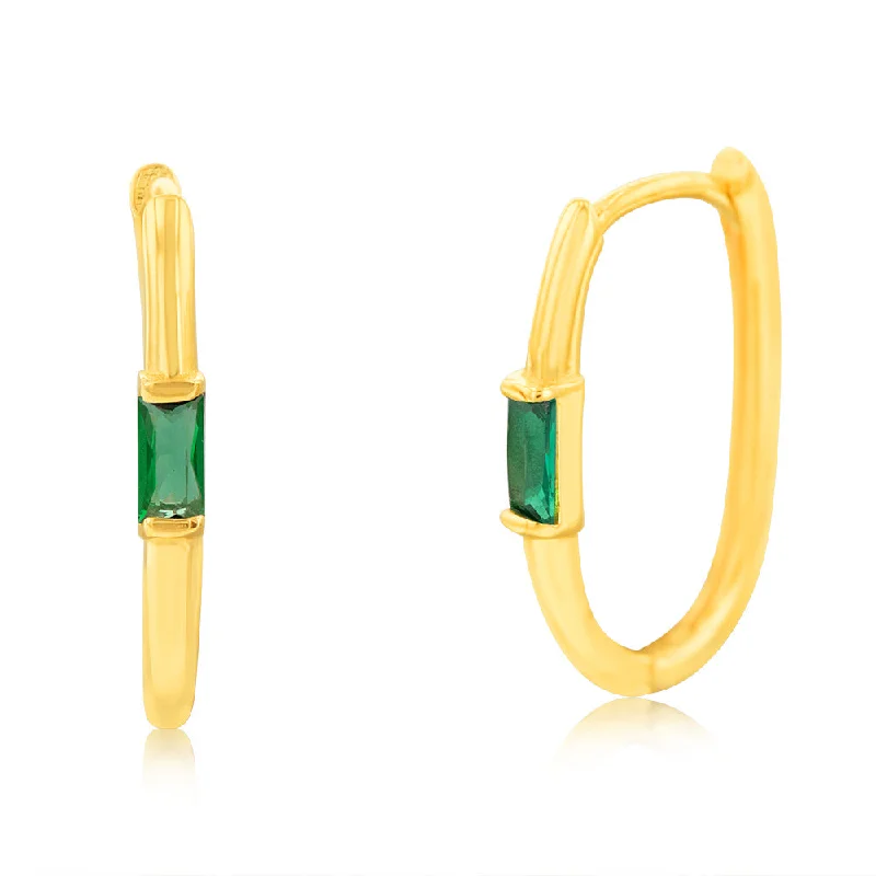 Custom Gold Earrings for Bridesmaids-9ct Yellow Gold Green Zirconia Elongated Sleeper Earrings