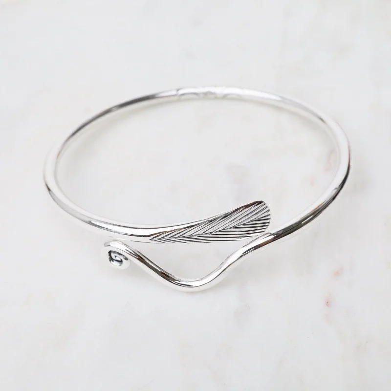 Customizable Gold Bangles for Weddings-Sterling Silver Bangle with Vine & Leaf