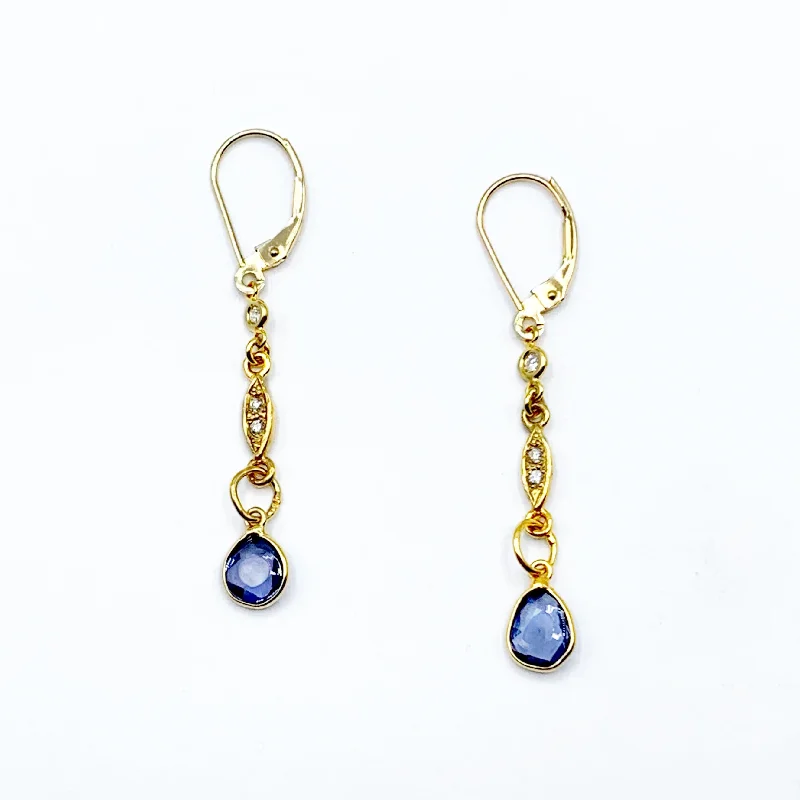 Unique Gold Stud Earrings-Sapphires Cascading from a Diamond Rope