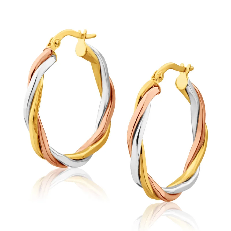 Trendy Long Drop Earrings-9ct Yellow Gold, White Gold & Rose Gold Twist 20mm Hoop Earrings