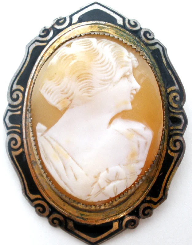 Brooch With Simple Design-Antique Shell Cameo & Enamel Brooch Pin