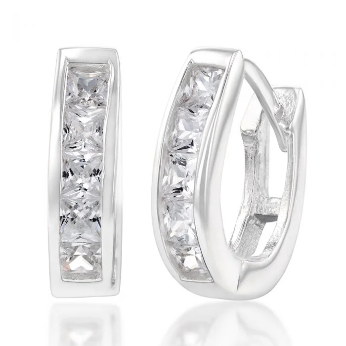 Large Crystal Earrings-Sterling Silver Cubic Zirconia Oval Huggie Earrings