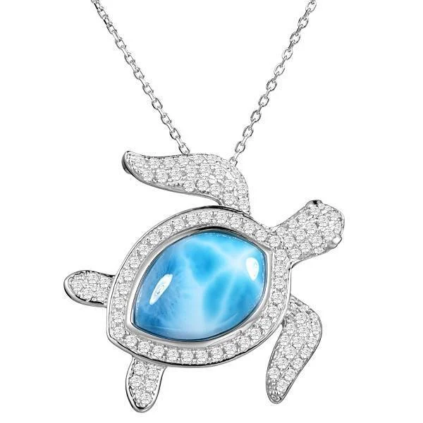 Personalized Silver Necklace for Grandmother-Pavé Larimar Maui Honu Pendant