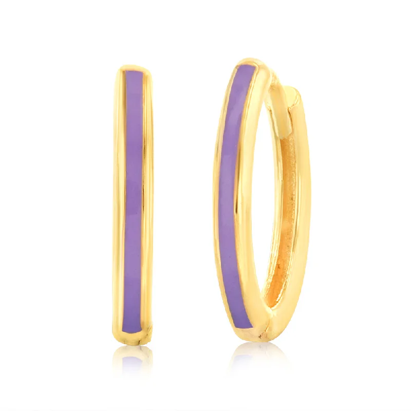 Sparkling Gold Drop Earrings for Weddings-9ct Yellow Gold Purple Enamel Sleeper Hoop Earrings