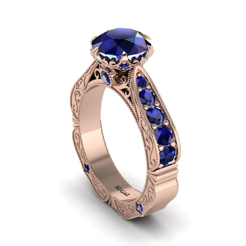 Trendy Gold Band Ring with Rose Quartz Gemstone-Sapphire Victorian Scroll Engagement Ring - Kehlani No. 74