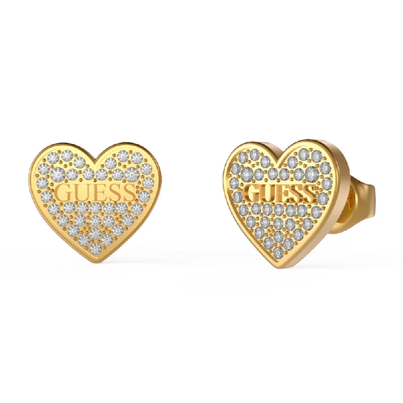 Customizable Earrings for Special Occasions-Guess Yellow Gold Plated 11mm Pave Logo Heart Stud Earrings