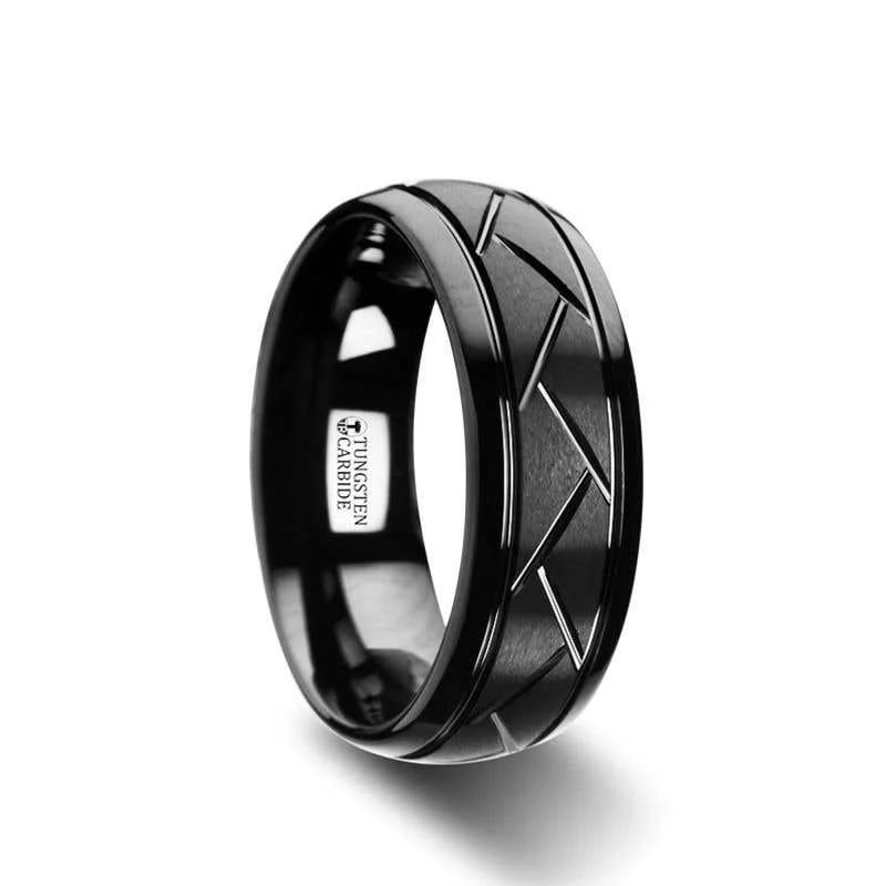 Classic Men’s Ring with Simple Ruby Inlay-Thorsten ENIGMA Domed Black Tungsten Ring with Brushed Cross Alternating Diagonal Cuts Pattern - 8mm