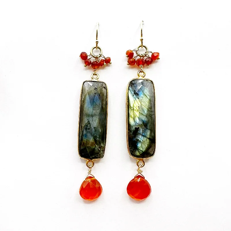 Unique Sterling Silver Earrings-Labradorite Rectangles with Carnelian Drops Earrings