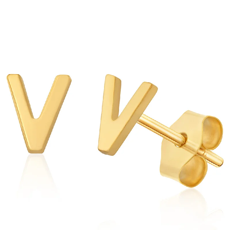 Unique Gold Earrings for Women-9ct Yellow Gold Mini Initial "V" Stud Earrings