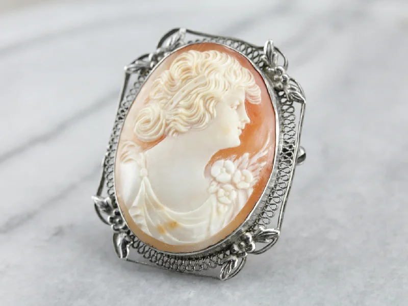 Vintage Brooch For Sweaters-Sterling Silver Cameo Brooch