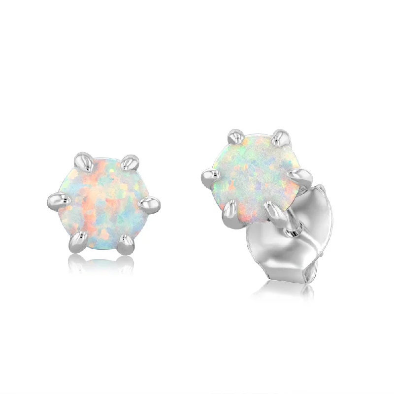 Custom Birthstone Earrings for Moms-Sterling Silver White Created Opal Stud Earrings