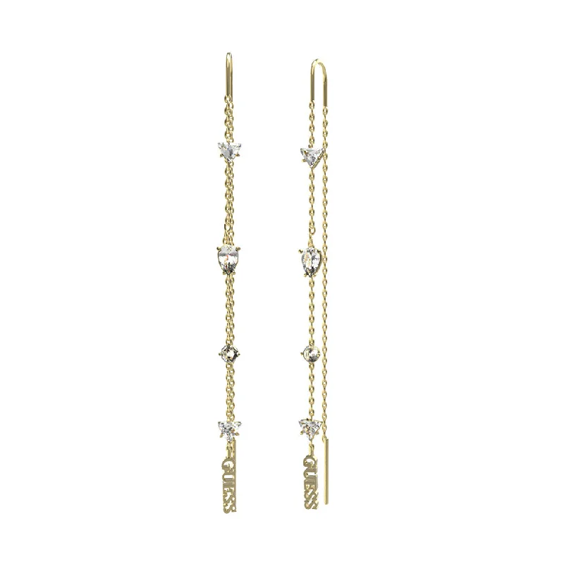 Vintage Pearl Drop Earrings-Guess Gold Plated Stainless Steel 75mm Chains And Crystal Threader Drop Earrings