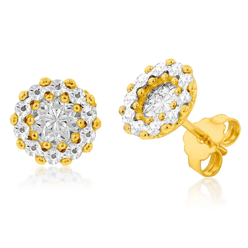 Fashionable Hoop Earrings with Charms-9ct Yellow And White Gold Diamond Cut Round Stud Earrings