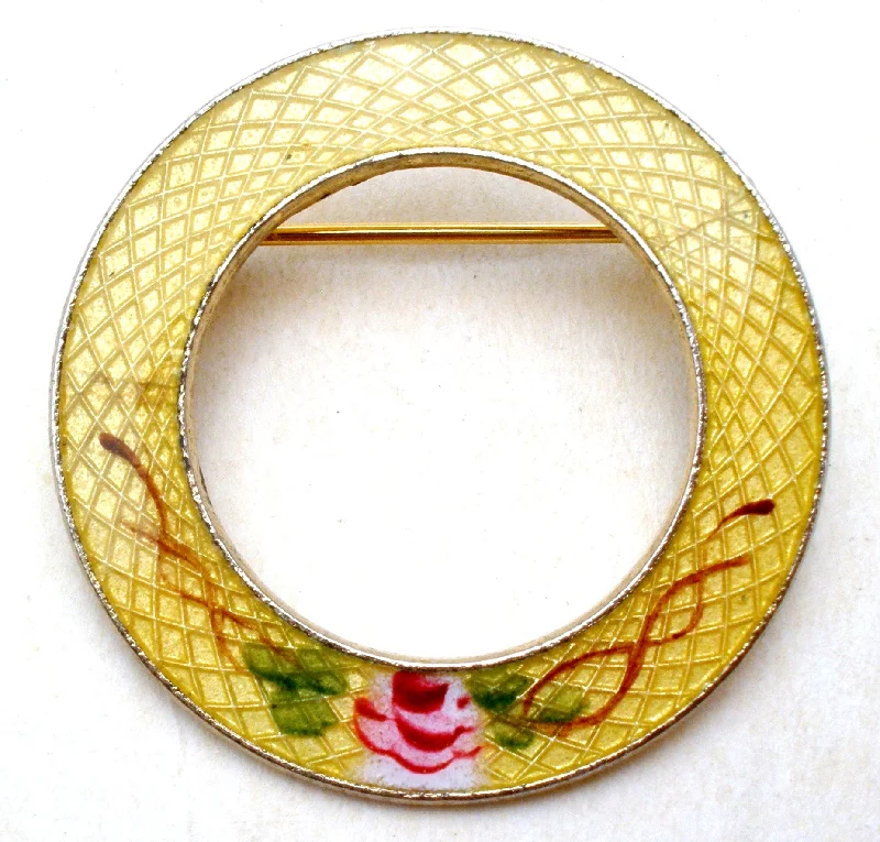 Brooch For Retro Fashion-Yellow Guilloche Enamel Round Pin Brooch Vintage