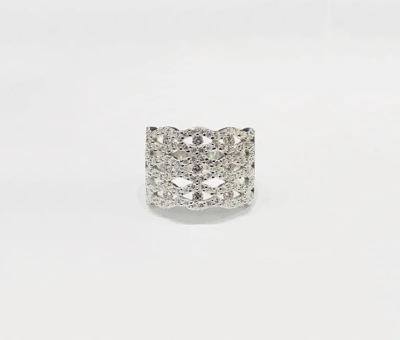 Luxury Platinum Ring with Large Diamond Accent-Criss Cross Sterling Silver CZ Ring