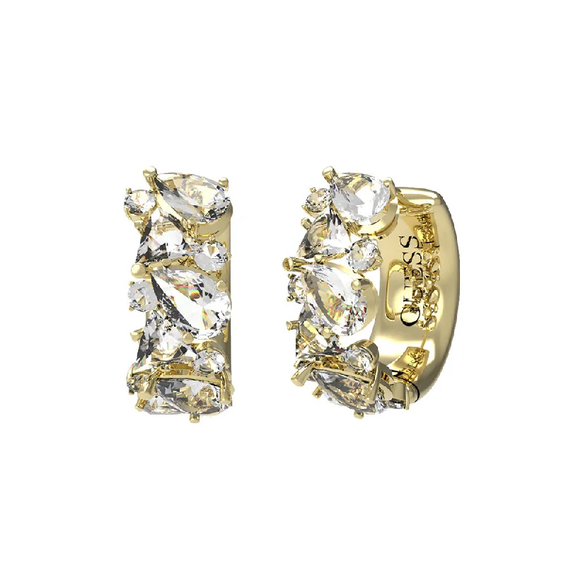 Fancy Wedding Earrings-Guess Gold Plated Stainless Steel 15mm Multi Crystal Huggies Earrings