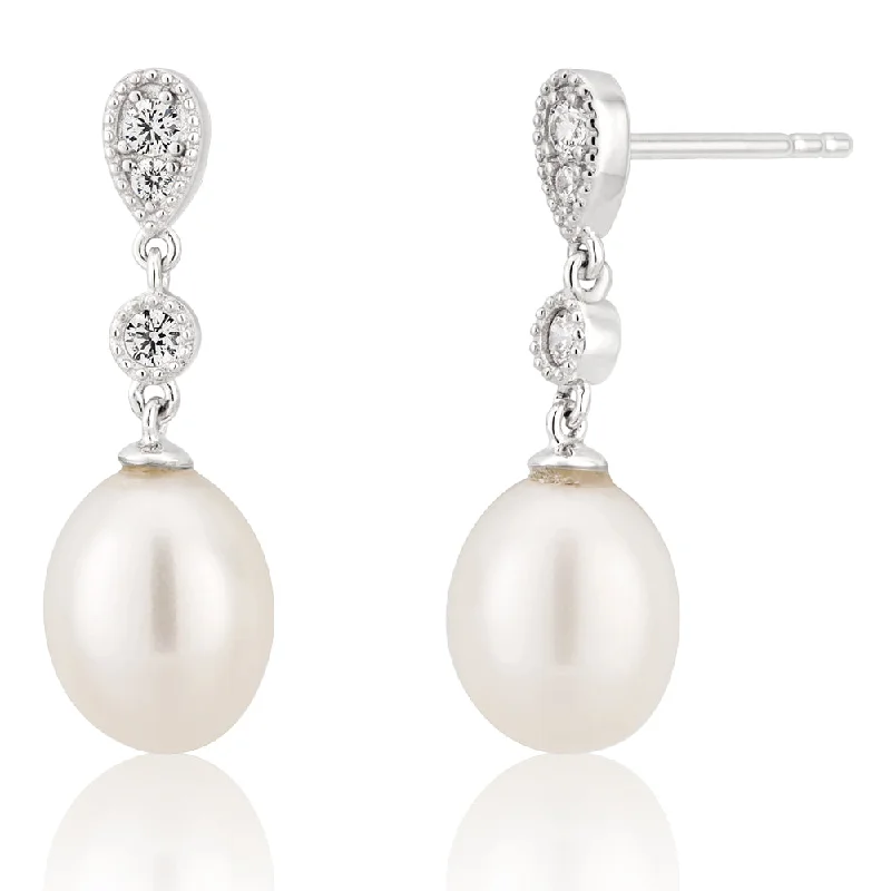 Long Crystal Earrings for Evening Wear-Sterling Silver Freshwater Pearl and Zirconia Drop Earrings