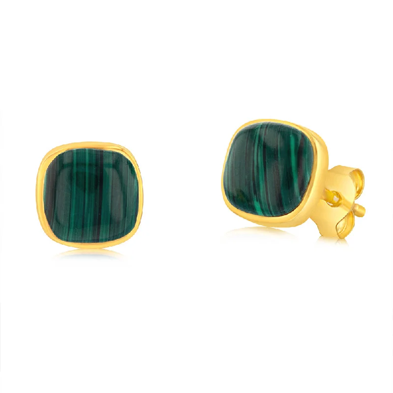 Trendy Earrings for Special Events-Sterling Silver Gold Plated Square Natural Malachite Stud Earrings