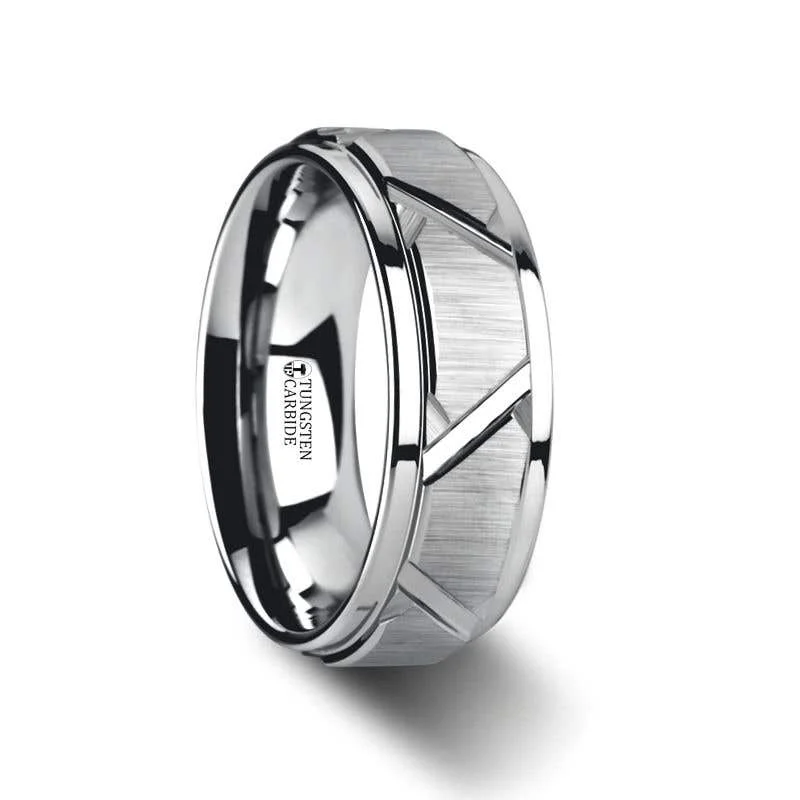 Personalized Engagement Ring for Couples with Date-Thorsten VESTIGE Tungsten Ring with Triangle Angle Grooves and Raised Center - 8mm