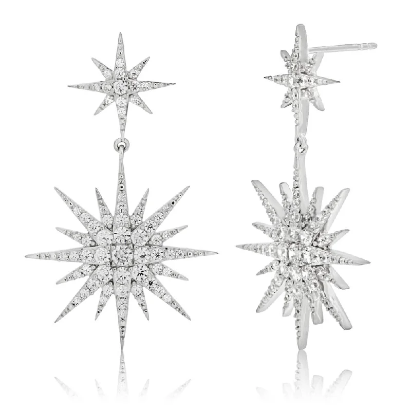 Silver Hoop Earrings with Charms-Sterling Silver Rhodium Plated Starburst Cubic Zirconia Drop Earrings