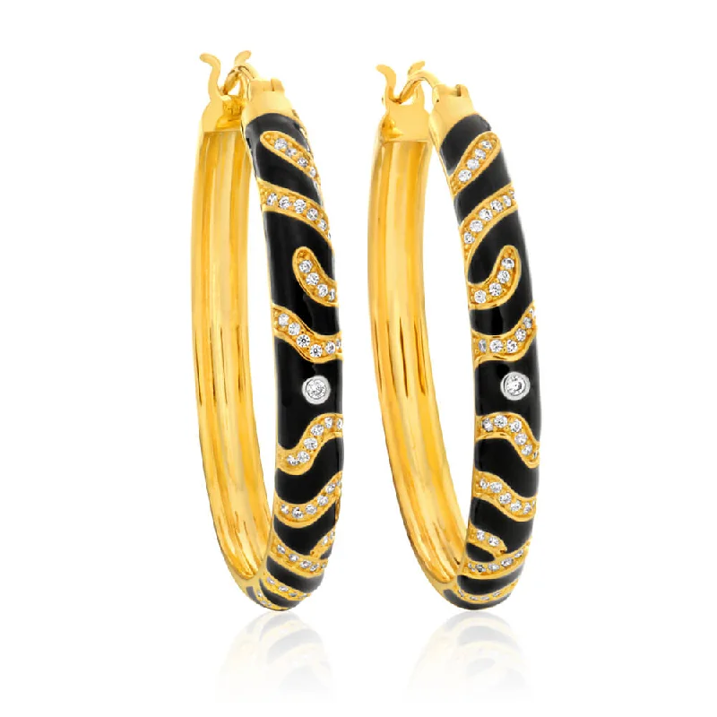 Simple Gold Earrings for Daily Wear-Gold Plated Cubic Zirconia and Black Enamel Hoop Earrings