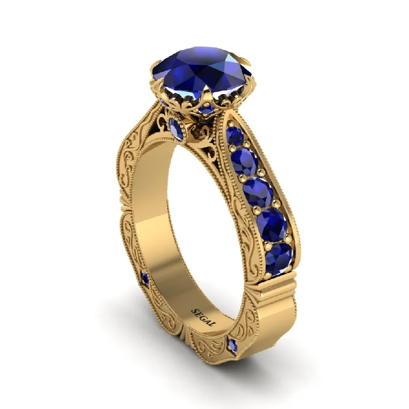 Classic Engagement Ring with Princess Cut Sapphire-Sapphire Victorian Scroll Engagement Ring - Kehlani No. 73