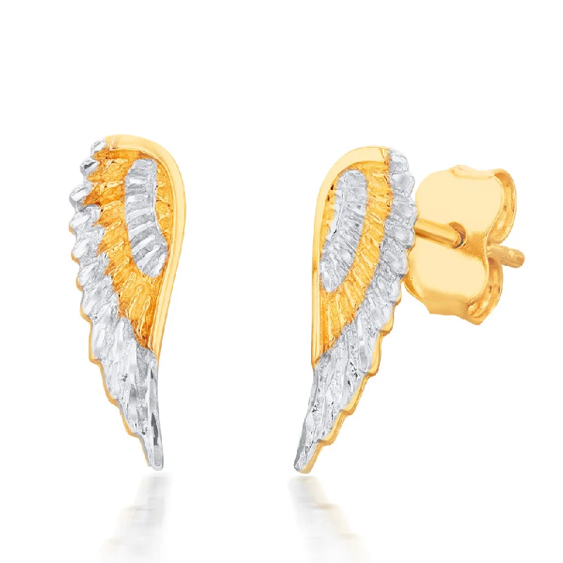 Trendy Gold Earrings for Casual Look-9ct Yellow And White Gold Angel Wings Diamond Cut Stud Earrings