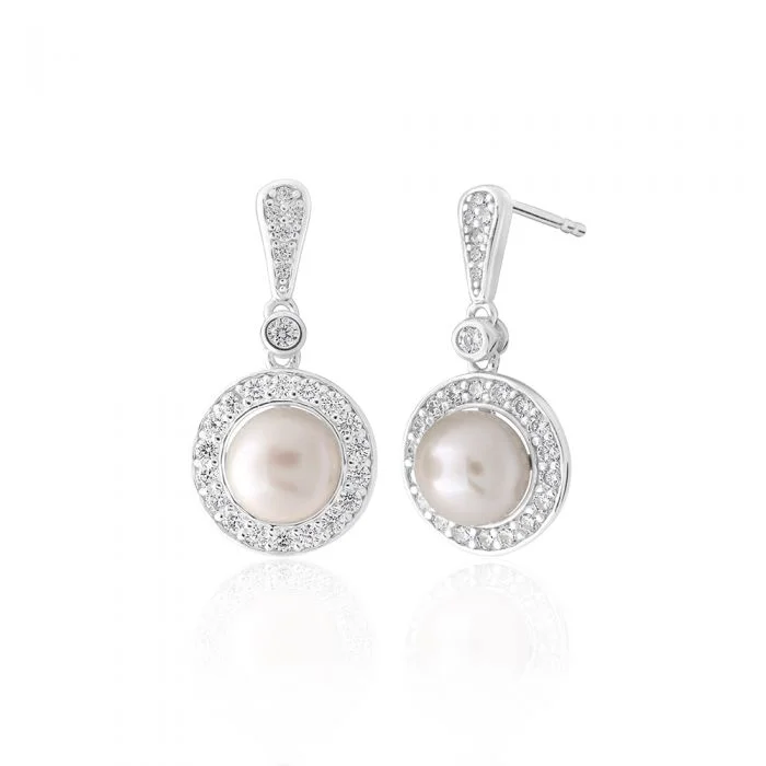 Silver Earrings with Colored Gemstones-Sterling Silver Freshwater Pearl and White Zirconia Circle Drop Earrings