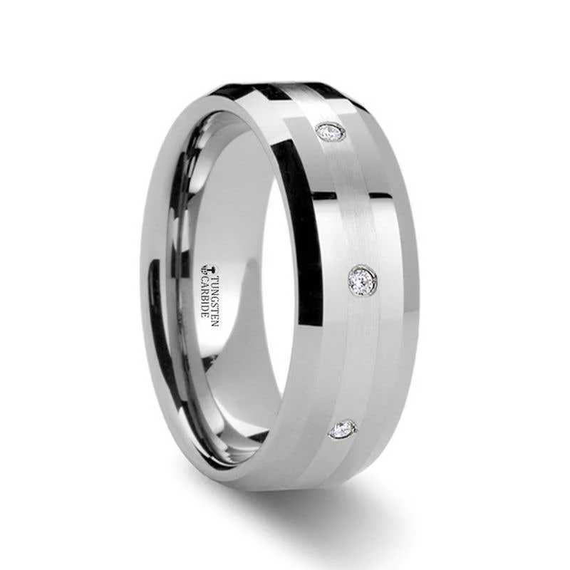 Personalized Women’s Ring with Name and Date Engraving-Thirteen DEVONSHIRE Palladium Inlaid Beveled Diamond Tungsten Carbide Ring - 8mm