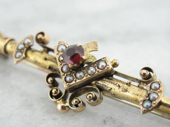 Crystal Brooch With Elegant Shape-Gothic Victorian Garnet and Pearl Gold Bar Pin Brooch