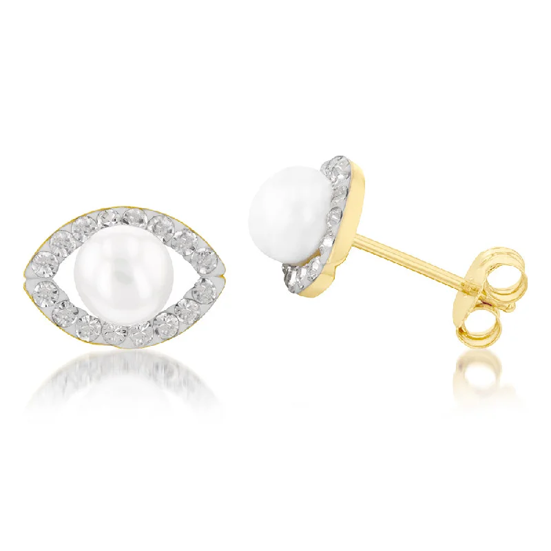 Elegant Dangle Earrings with Sapphires-9ct Yellow Gold Fresh Water Pearl And Crystal Elliptical Stud Earrings