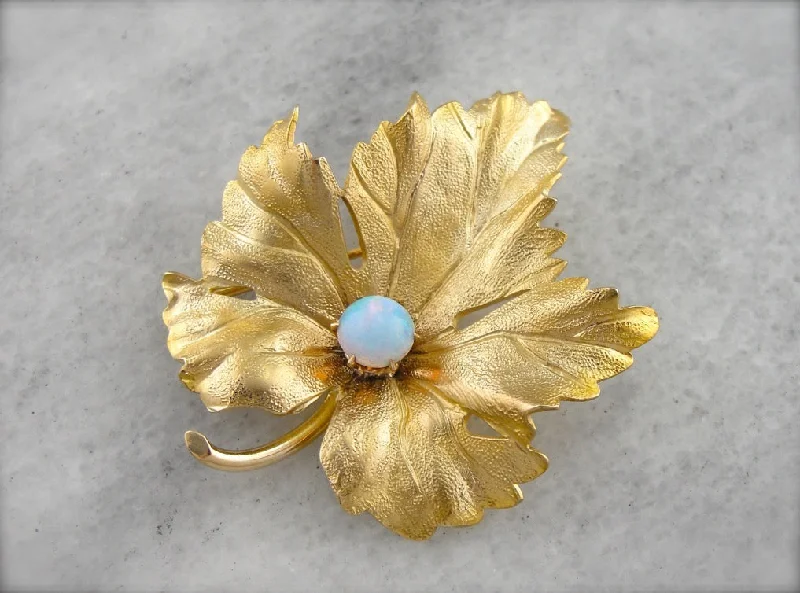 Retro Crystal Brooch With Colorful Stones-Realistic Maple Leaf Brooch with Opal Set at the Center