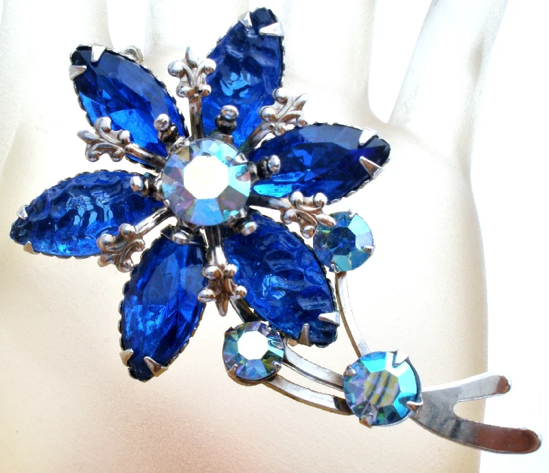 Designer Brooch With Crystals-Blue Rhinestone Flower Brooch Pin Vintage