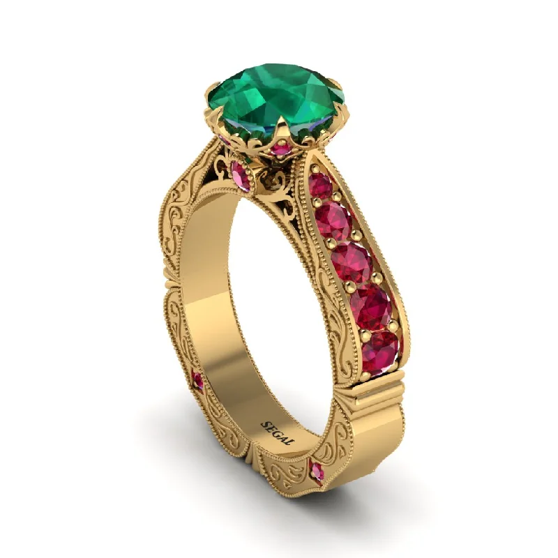 Luxury Wedding Ring with Diamond and Ruby Accents-Emerald Victorian Scroll Engagement Ring - Kehlani No. 49