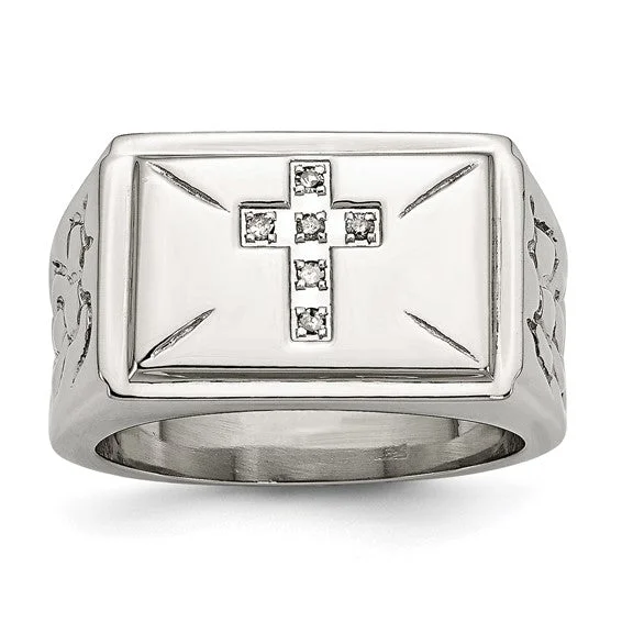 Custom Silver Ring for Couples with Birthstones-Stainless Steel Diamond Cross With Textured Sides Ring