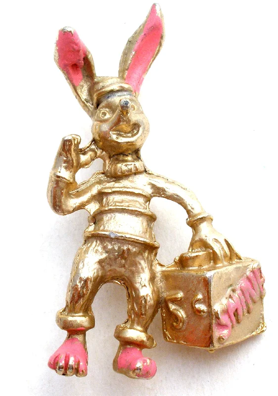 Brooch For Vintage Scarves-Rabbit Shoe Shine Pink Enamel Brooch Vintage