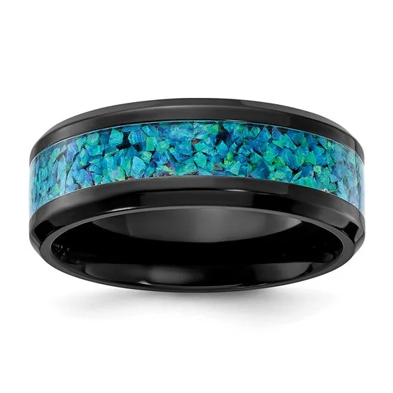 Personalized Gemstone Ring for Special Occasions-Black Zirconium Polished with Blue Opal Inlay 8mm Band