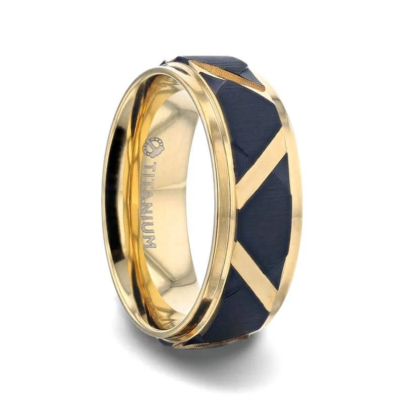 Elegant Platinum Wedding Ring with Sapphire Side Stones-Thorsten FLEMING Yellow Gold Plated Flat Polished Step Edged Titanium Men's Wedding Band With Matte Black Raised Horizontal Etches and Gold-Plated Diagonal-Shape Cut Inlay - 8mm