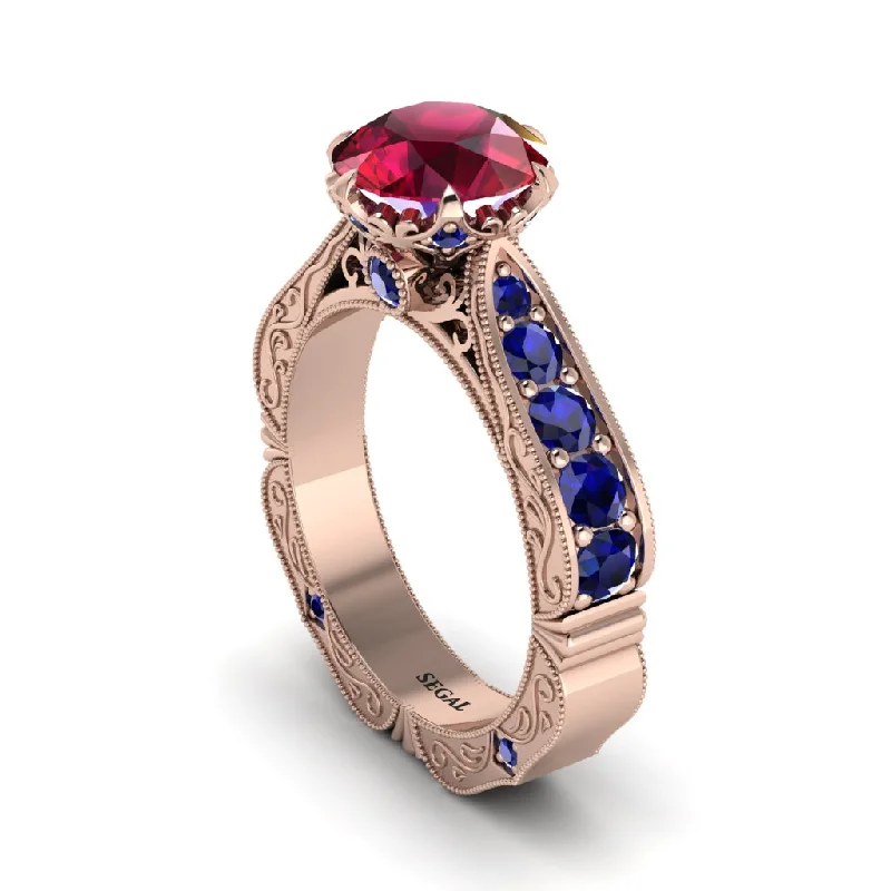 Classic Gold Ring with Emerald Cut Diamond-Ruby Victorian Scroll Engagement Ring - Kehlani No. 71