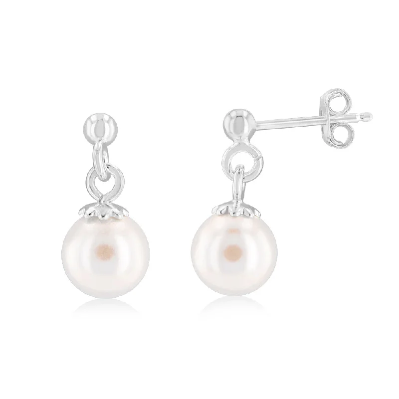 Trendy Long Drop Earrings-Sterling Silver Simulated Pearl Drop Earrings