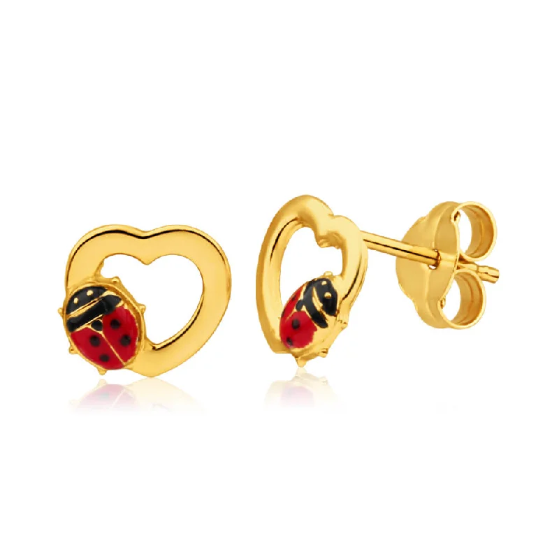 Elegant Long Earrings for Formal Wear-9ct Yellow Gold Ladybird Heart Stud Earrings