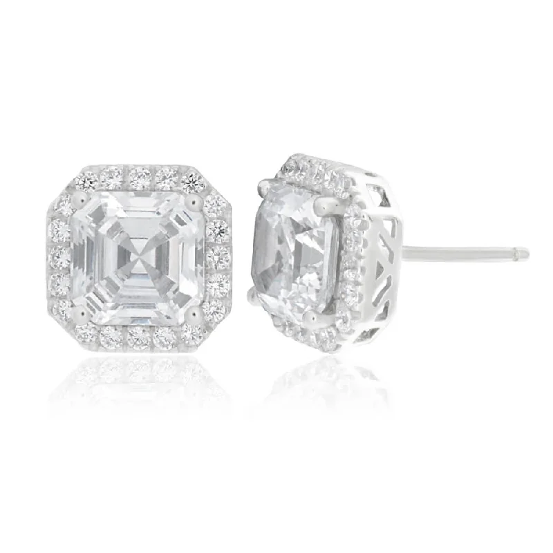 Elegant Earrings with White Pearls-Sterling Silver Cubic Zirconia Octagon Step Cut 7mm Halo Stud Earrings