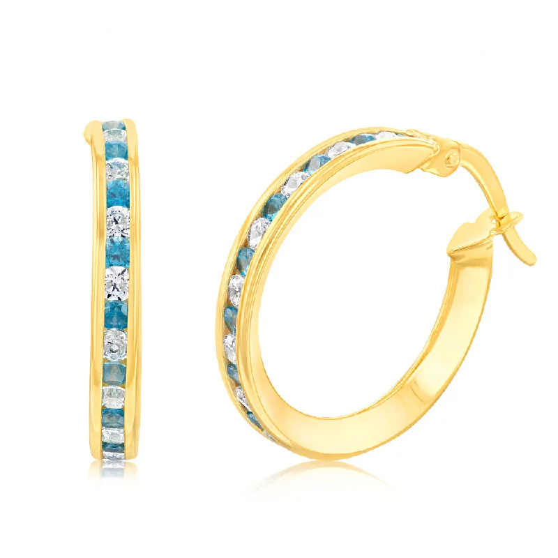 Handcrafted Crystal Earrings for Brides-9ct Yellow Gold Silverfilled Blue Cubic Zirconia 15mm Hoop Earrings