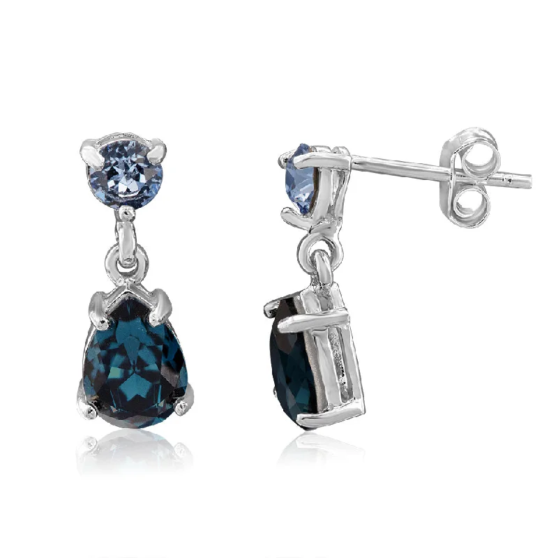 Stunning Silver Earrings for Evening Wear-Sterling Silver Montana Crystal and Light Sapphire Drop Earrings