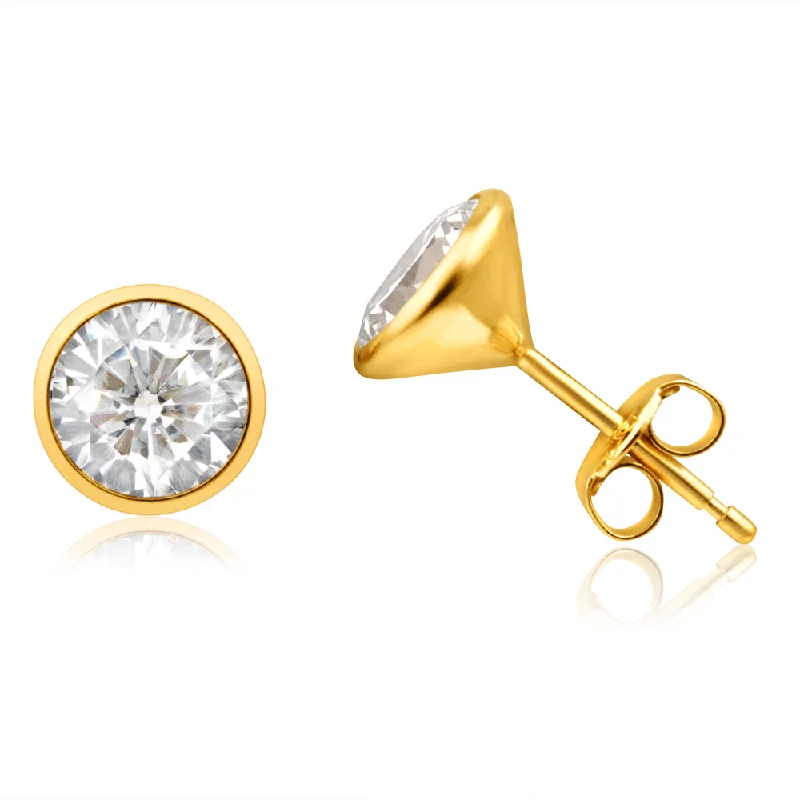 Simple Gold Earrings for Work-9ct Yellow Gold Cubic Zirconia 7mm Bezel Set Stud Earrings