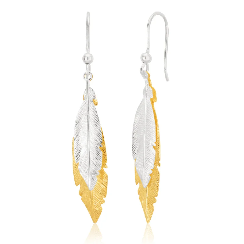 Silver Earrings with Zircon Stones-Sterling Silver and Gold Plate Multi Feather Two Tone Drop Hook Earrings