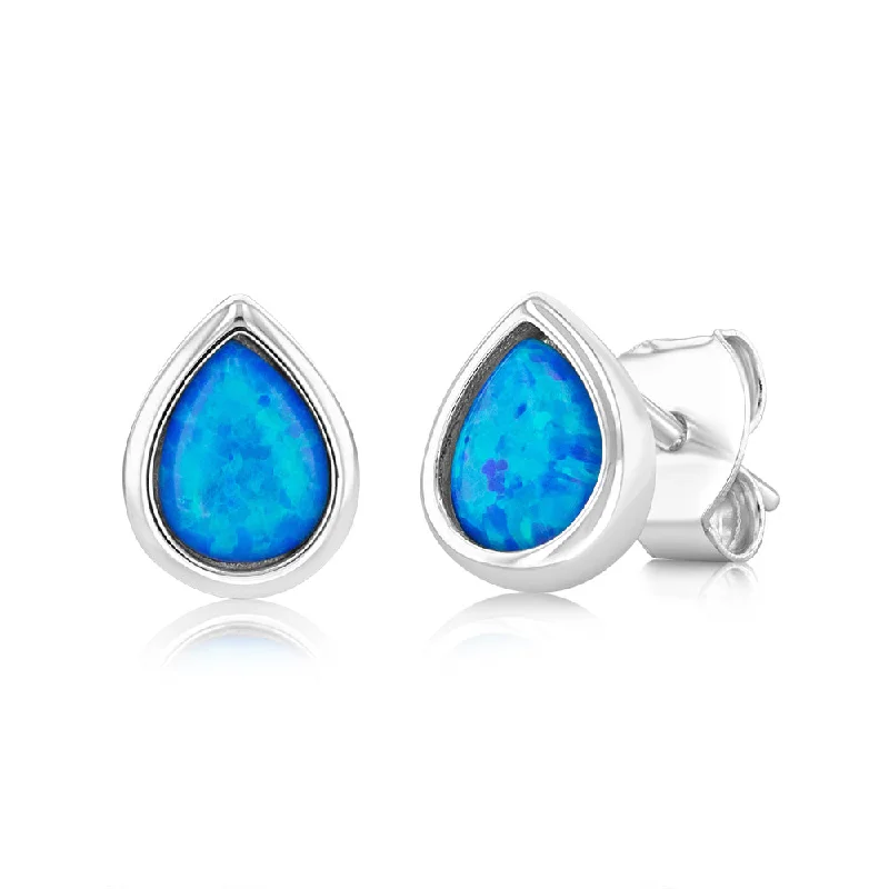 Statement Pearl Earrings for Women-Sterling Silver Pear Shaped Created Blue Topaz Stud Earrings