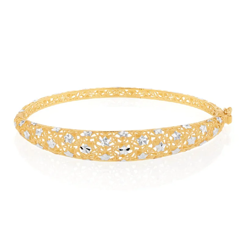 Simple Silver Bangles with Elegant Engraving-9ct Yellow And White Gold Two Tone Fancy Mesh 65mm Bangle